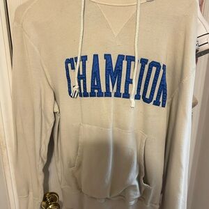 Champion Cream Hoodie with Blue Logo